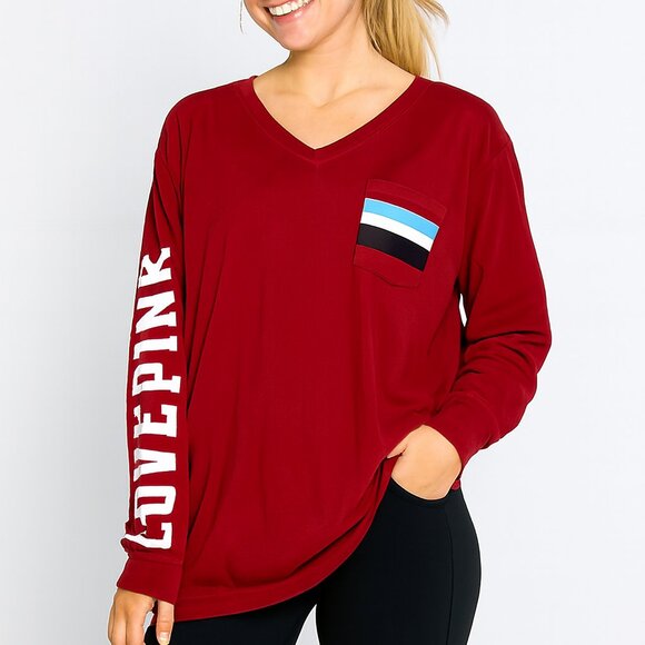 Victoria’s Secret PINK Red Long-Sleeve V-Neck Tee Size XS Casual Logo Top - Picture 1 of 6